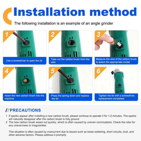 Installation method for Pro Grade Electric Motor Carbon Brushes Set 40 Pcs By Size Ten Models on an angle grinder with instructions.