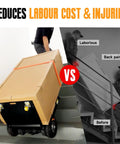 ROOMEDAL Electric Stair Climbing Hand Truck Dolly With 661 Lb Capacity moving a boxed item up stairs, showcasing ease of use and ergonomic design.
