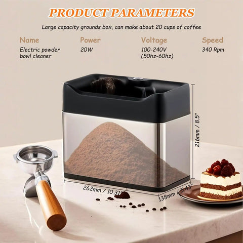 Automatic Electric Espresso Knock Box Offering Rapid Portafilter Cleaning For Fast Ground Removal, large capacity for coffee grounds.