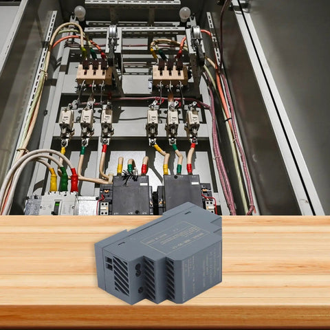 Rail Mounted 12V DC Switching Power Supply For Industrial Automation And Instruments With Rock Solid Ripple Free Output And Five Safety Protections Against Short Circuit Overcurrent Overload Overvoltage And Overheat Plus Efficient Heat Dissipation, gray enclosure