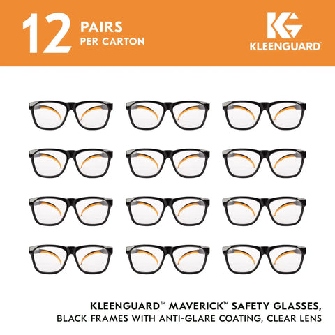 12 pairs of Maverick Eye Protection Glasses With Clear Anti Glare Lenses, Black Frame And Orange Tips displayed in a grid