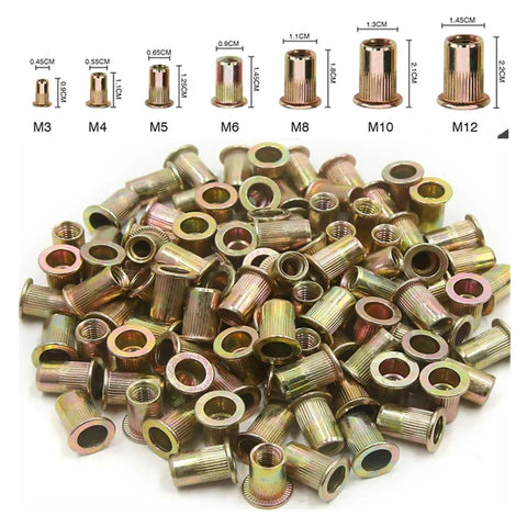 15 Piece Flat Head Rivet Nuts Kit M3 To M12 For Metalworking Carbon Steel Zinc Plated Flush Mount Pro Grade Heavy Duty Self Clinching Nuts With Internal Threads For A Clean Strong Finish, sizes M3-M12 shown