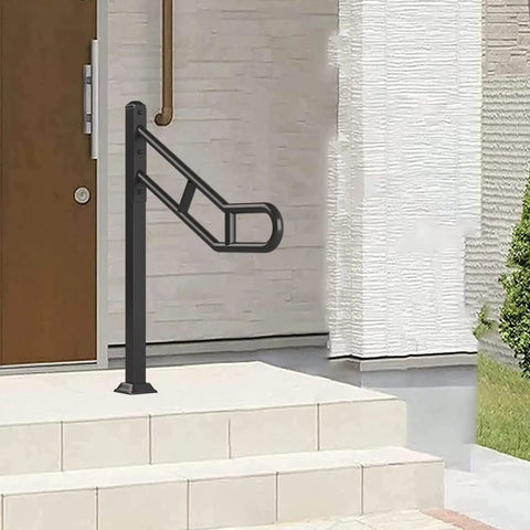 Outdoor Single Post Hand Rail For 1 To 3 Steps, Heavy Duty Wrought Iron Stair Railing With U Shaped Post, Floor Mounted Grab Rail