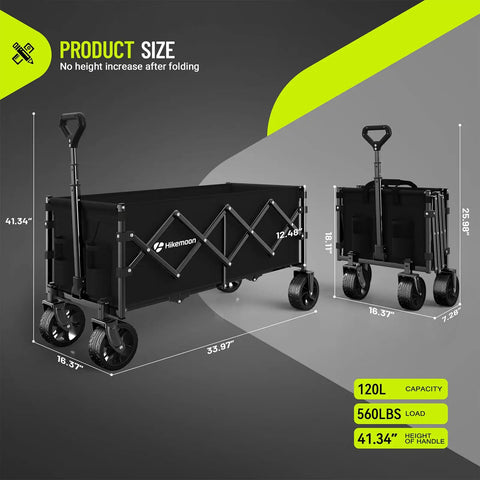 34 Inch Extra Long Collapsible Wagon With All Terrain Wheels, shown in extended and folded positions, 360 lb capacity