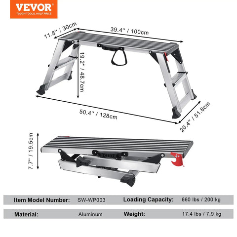 Beast Mode Foldable Aluminum Work Platform Drywall Stool Ladder Heavy Duty Workbench with dimensions and features.