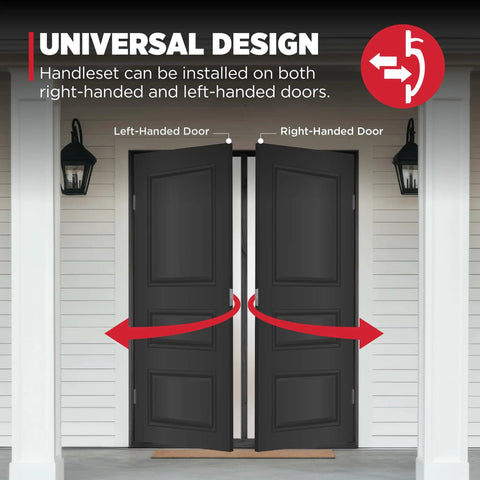 Universal design for Dakota Front Door Lock Set With Handle And Deadbolt, installation on right and left-handed doors shown