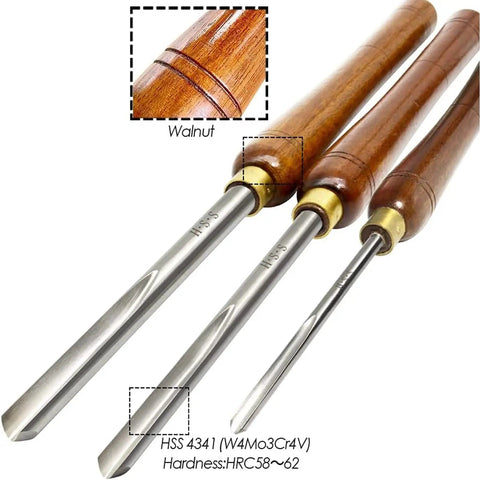Badass Three Piece Bowl Gouge And Wood Chisel Set For Exact Lathe Work. Premium HSS Blades with walnut handles.