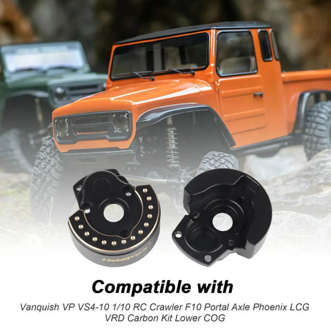 Brass Front Portal Cover Weight 176g for VP VS4 10 RC Crawler with orange RC vehicle in background