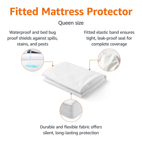 Queen Size Waterproof Mattress Protector With Full Bed Bug Proof Shield Snug Elastic Bands Secure Fit Keeps The Bed Drip Free All Night Long For Hassle Free Rest In Crisp White, showcasing waterproof material and elastic bands.