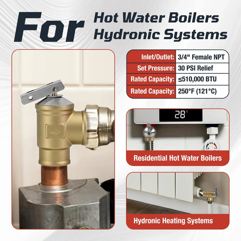 3/4 inch boiler relief valve 30 PSI for hot water boilers and hydronic systems, durable lead-free brass, easy residential installation