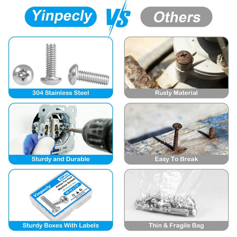 Comparison of Yinpecly 304 stainless steel screws versus rusty materials, highlighting Fifteen Pack 8-32 Pan Head Machine Screws 2-1/2 Inch Stainless 304 Full Thread Phillips Drive For Furniture Fixes And 3D Printer Builds Bright Finish Durable Truss Head Bolts.
