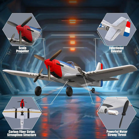 P 51D Mustang RC Plane For Beginners With 3 Channel Remote Control and features like scale propeller and carbon fiber structure