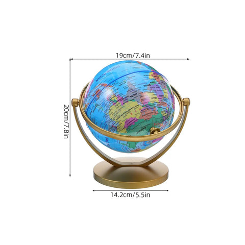 Rotating Desktop Globe With Stand 14.2cm Blue Frame Educational World Sphere For Office Home Classroom Decor shown with dimensions.