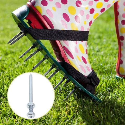 Heavy Duty Lawn Aerator Spike Shoes with 2.75 Inch Metal Replacement Pegs for Efficient Soil Aeration; image with polka dot boots