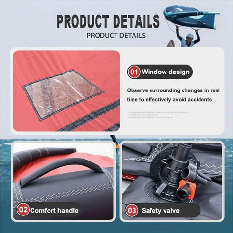 Dope Inflatable Windsurf Wing For Water Sports, Handheld Wing Foil Kite With Clear Window, showing red fabric and safety features