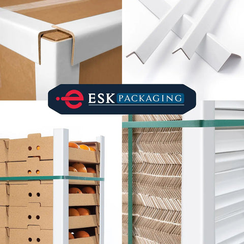 Light Duty Cardboard Edge Protectors For Shipping Pallets 2X2X72 Inches Corner Boards Keep Your Cargo Locked Down During Transit 50 Pack White displayed on boxes.