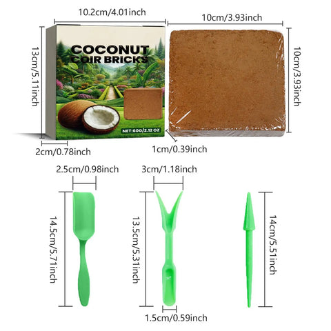 Compressed Reusable Coir Based Planting Medium For Hydroponics And Potting with dimensions and tools shown