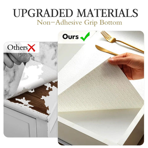 Comparison of damaged adhesive liner and Premium White Non Adhesive Shelf And Drawer Liner For Kitchen Cabinets Pvc Based Non Slip Organizer Roll.