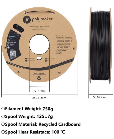 Heavy Hitter PLA Filament For 3D Printers 1.75mm 0.75kg Red Spool shown with detailed specifications on cardboard.