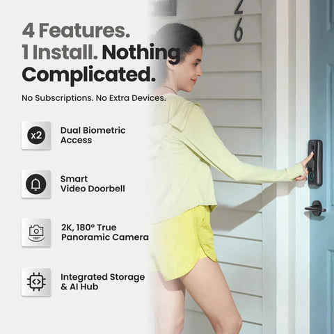 A woman using the All In One Front Door Smart Lock With Palm Vein And Fingerprint Scanning Keyless Entry Video Camera And Smart Doorbell.