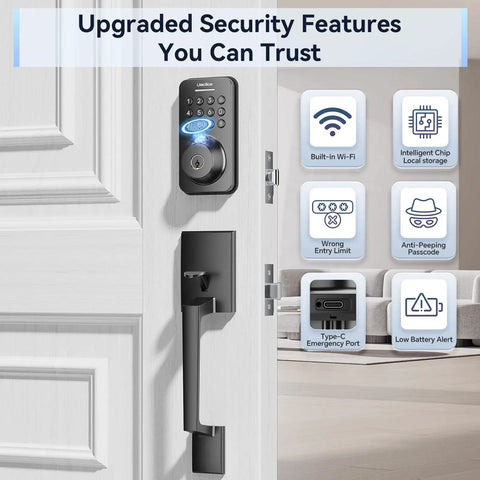 No Sweat Smart Fingerprint Door Lock With Lightning Fast Zero Lag App Unlock And Smooth Turn Handle Set In Glossy Black with display features