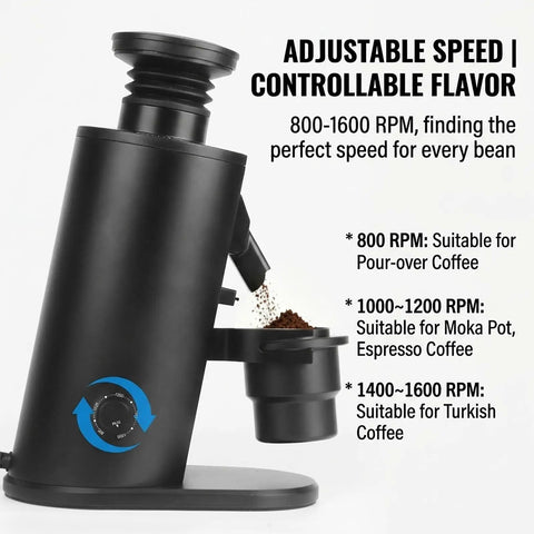 Stepless Adjustment Espresso Coffee Grinder Featuring 80Mm Stainless Steel Flat Burrs For Pour Over French Press And Cold Brew, side view showing adjustable speed.