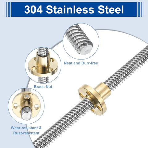Two Piece Set TR8x4 Lead Screws 100mm With Brass Nut Acme Thread 2mm Pitch 2 Starts 4mm Lead 304 Stainless Steel Bar Printer Upgrade Parts Silver