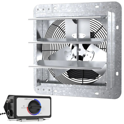 12 Inch Wall Mounted Shutter Exhaust Vent Fan With Thermostat, Three Speed Auto Control, Silver Finish, control switch visible