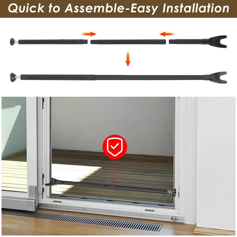 Heavy Duty Door Security Bar Locks It Down Tight Extends To Fifty Five Inches Portable Sliding Door Stopper and Top Shelf Home Safety Jammer For Apartments And Hotels Travel Black installed in a door frame.