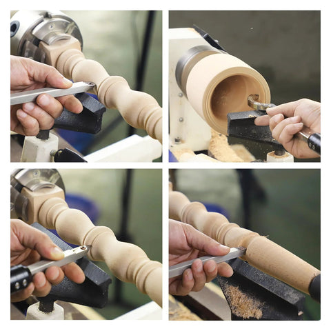 Carbide-tip wood lathe turning tool kit with aluminum handle and replaceable inserts; collage of front and side views