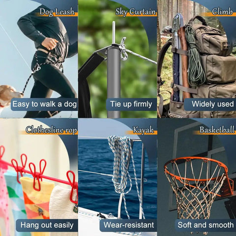 Collage showing uses of 100 Ft 1/4 Inch Polyester Rope Diamond Braid Built Tough Heavy Duty Utility Cord for various outdoor activities
