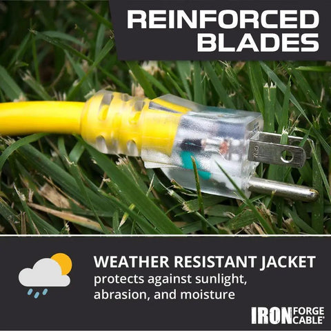 Beefy 75ft 10 Gauge Outdoor Extension Cord with 3 Outlets Heavy Duty Power Cable showing reinforced blades in grass