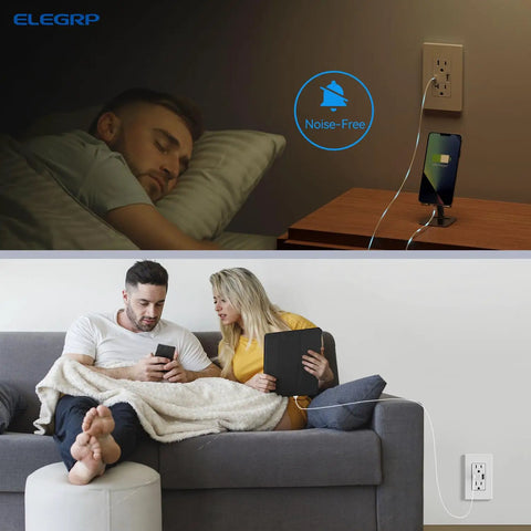 Couple using electronics with 15 Amp USB Wall Outlet With Dual USB Ports Type A And Type C, 21W Fast Charging Receptacle, Matte White.
