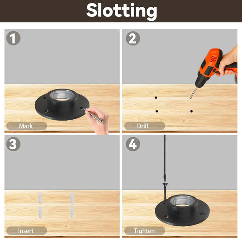 Installation steps for All In One Bar Foot Rail Kit For Undercounter Mounts In Matte Black with drilling and tightening process.