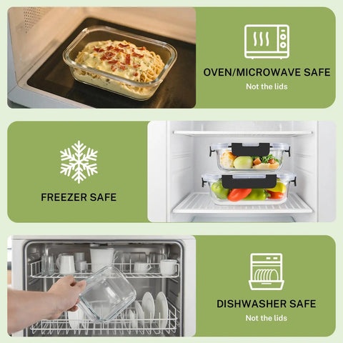8 Pack Borosilicate Glass Food Storage Containers With Lids in oven, freezer, and dishwasher showcasing versatility and safety features