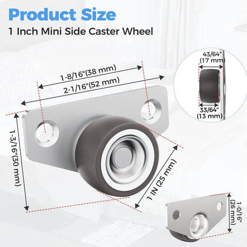Mini Side Mount Casters 1 Inch Low Profile Rubber Wheels For Sliding Doors Drawers Cabinets Quiet Rolling Easy Furniture Movement