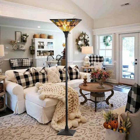 Tiffany Style Mission Floor Lamp With Real Stained Glass Shade, Vintage Uplight Torchiere in cozy living room setting