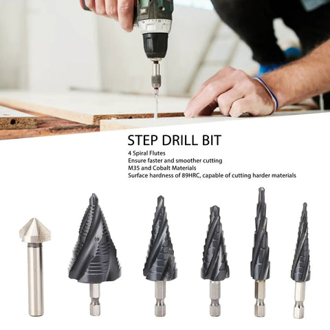 Ultra Sharp Step Drill Bit Set With 4 Flutes For Fast Cuts Through Stainless Steel Hard Metal Wood And Plastic Plus Heavy Duty M35 Cobalt Pagoda Design With 1 4 Inch Shank No Walking Allowed, step bits in use on wood