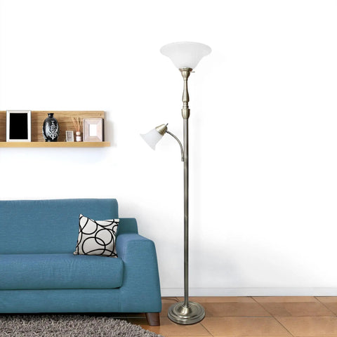 Two Light Mother Daughter Floor Lamp With White Marble Glass Shades In Brushed Nickel Finish, Tall 71 Inch Living Room Lamp