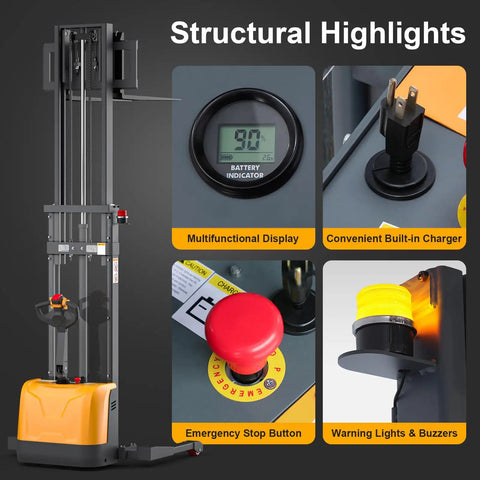 Rugged Heavy Duty Electric Lithium Pallet Stacker Cranks Up To 3300 Lbs With A Snappy 98 Inch Lift Height displaying control panel features.