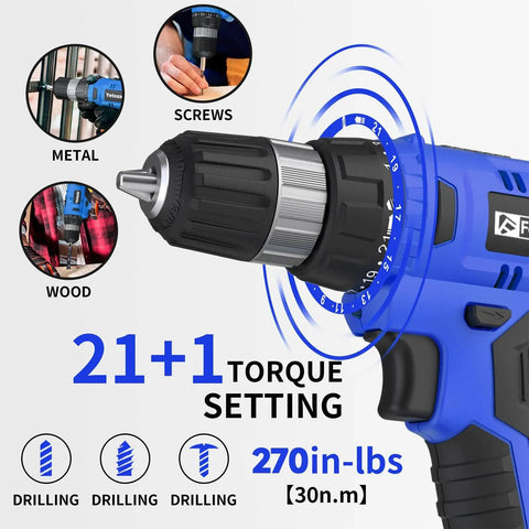 Close-up of 20V Cordless Drill Kit With Battery And Charger All In One Set 30 Nm Torque 21 Plus 1 Clutch, blue with metal drilling.