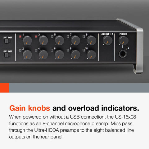 Close-up of gain knobs and overload indicators on Rackmount USB Audio And MIDI Interface For Recording With 16 Mic Or Line Inputs And 8 Outputs, Eight Ultra HDDA Preamps With Up To 56 dB Gain, Built In Control Software, Ideal For Drum Tracking And Home Studio Sessions, Black.