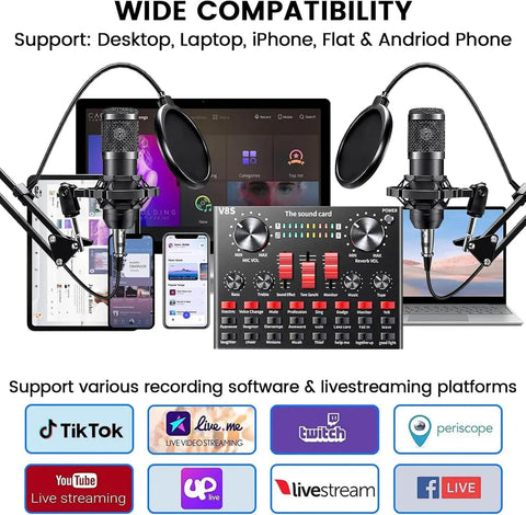 Two Premium Metal Microphones Podcast Studio Bundle With Boom Arms, V8 Audio Interface, and DJ Mixer, compatible with devices
