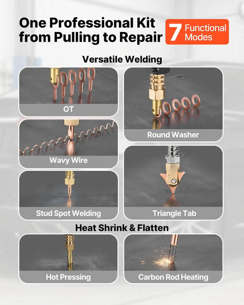 Beefed Up Stud Welder Dent Puller Kit 7 Modes Display with OT, Round Washer, Wavy Wire, Stud Spot Welding, Triangle Tab, Hot Pressing, Carbon Rod Heating