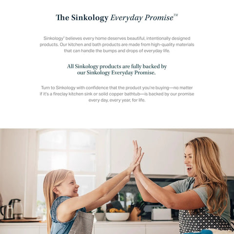 Mother and daughter high-fiving in a kitchen, showcasing joy and promise with Sinkology's lifetime guarantee on kitchen sink products.