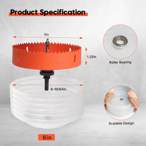 Diagram of a 6 Inch Hole Saw for Recessed Can Lights with Dust Bowl, Bi Metal Cutter, and Dust Catcher for Drywall Wood and Metal.