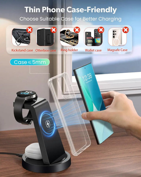 Must Have 3 In 1 Wireless Charging Station For Galaxy Watch, Buds, Phone with case compatibility display