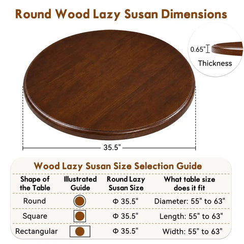 Top Shelf Walnut Lazy Susan Turntable 35.5 Inch oversized round tray with dimensions for table settings and use.