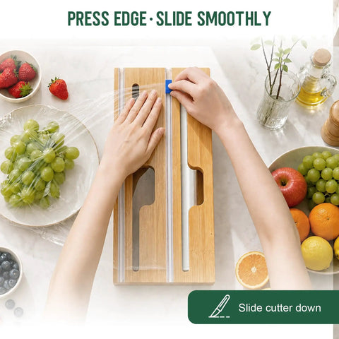 Premium Bamboo Kitchen Drawer Organizer With Five Slots For Snack Quart And Gallon Bags Plus Foil And Wrap Holder in use with fresh produce.
