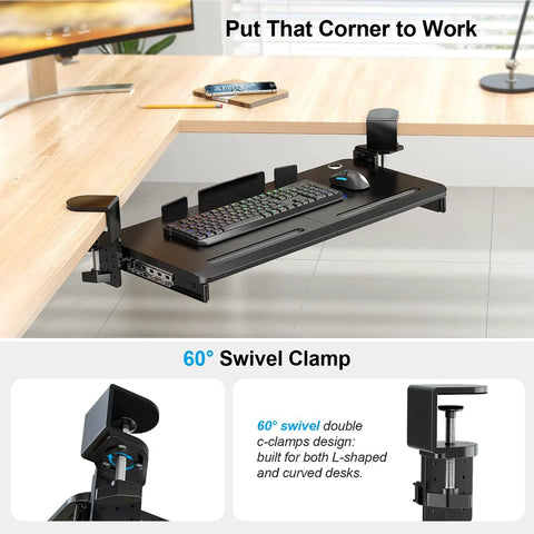 Under Desk Keyboard Tray With 60 Degree Swivel Clamp And Height Adjustment For Corner Desks, 25.6 By 11.8 Inch platform in use